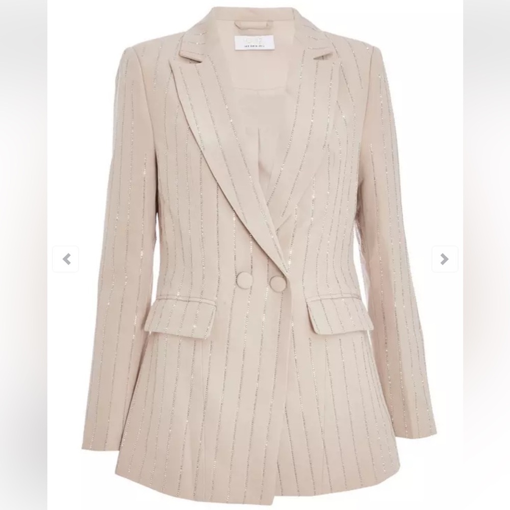 Beige Embellished Pinstripe Blazer